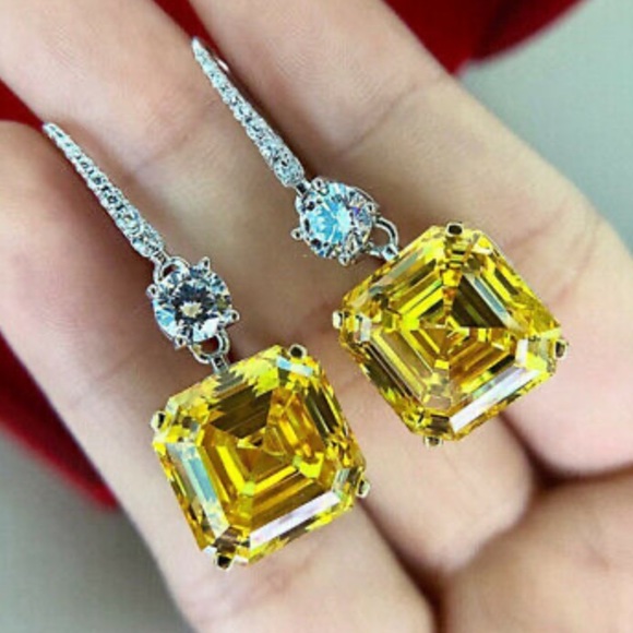 New Sterling silver Yellow Diamond Stone Earrings - Picture 1 of 8